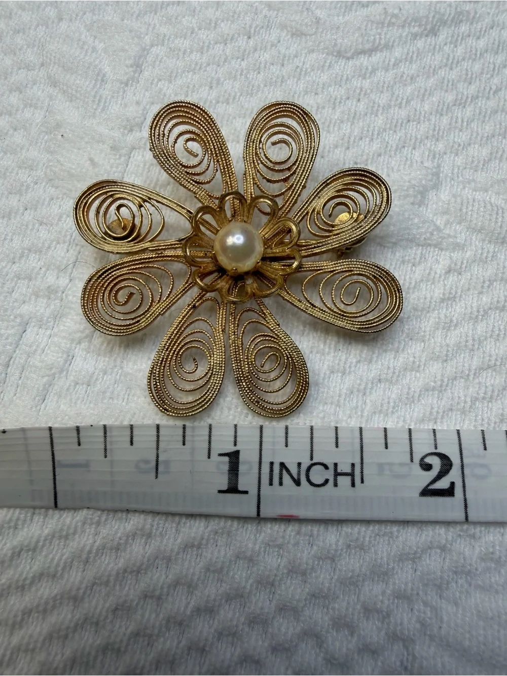 Gold-Tone Filigree Flower Brooch with Pearl Accent